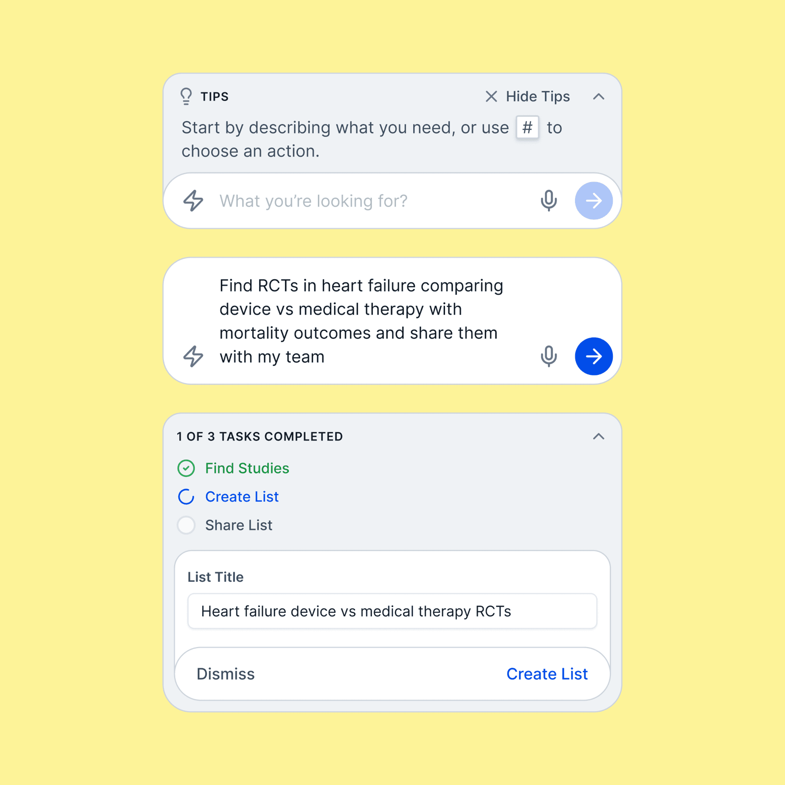 Clio AI assistant: tips for describing a task, a request to find heart failure RCTs and share them with the team, and a three-step plan paused for approval to create the list