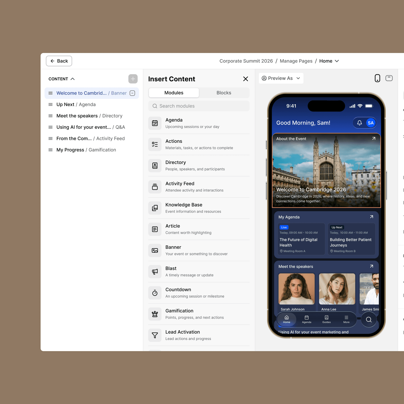Covision CMS page editor with the content list, module picker, mobile preview and banner settings