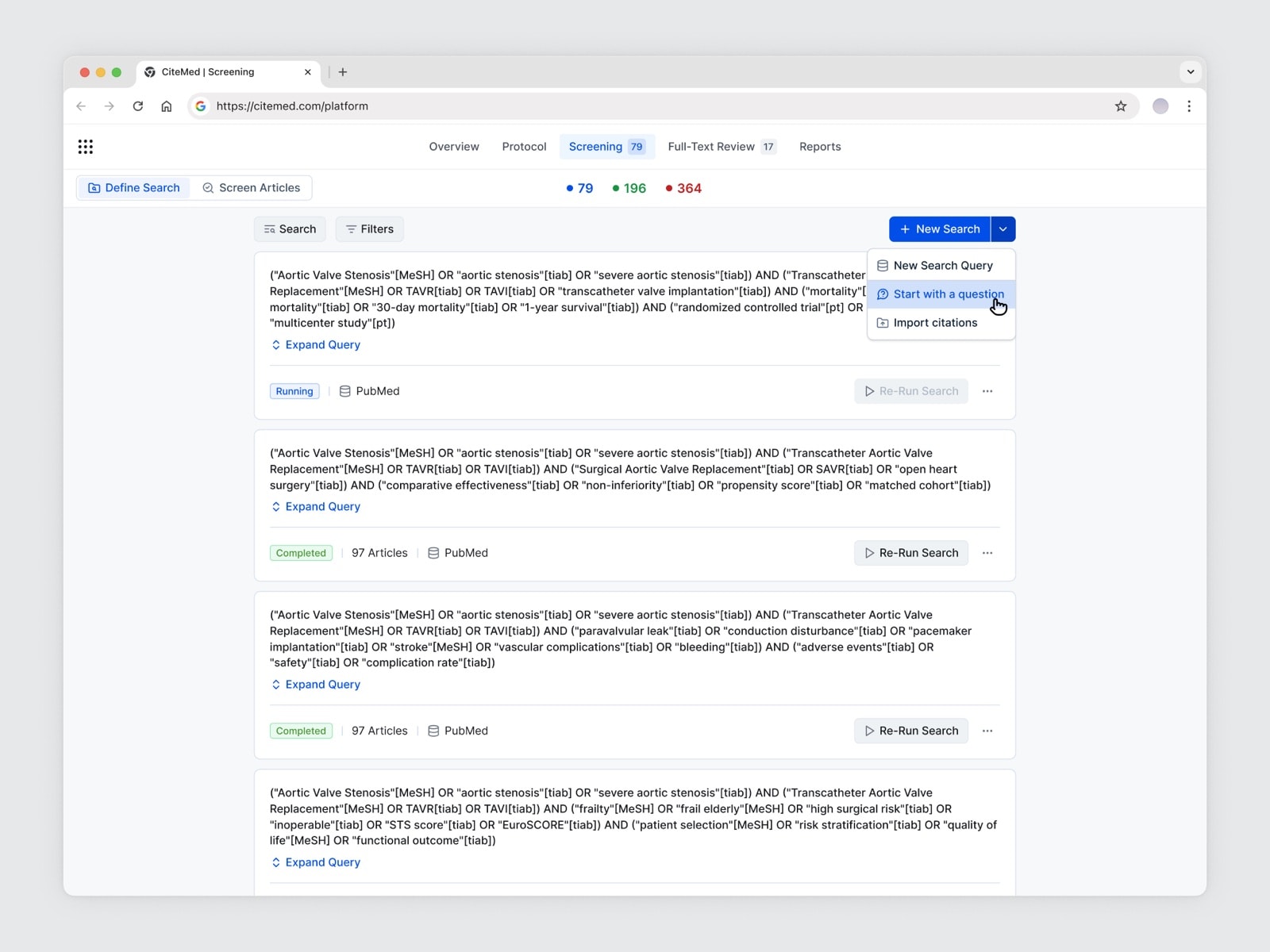 List of saved searches with their queries, status, source and article count, and a New Search menu offering New Search Query, Start with a question and Import citations