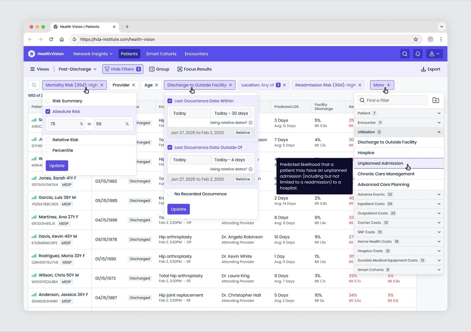 Extended filter options: an absolute risk range, last occurrence within or outside a date range, and a More menu of filter categories such as patient, encounter, utilization, adverse events and costs