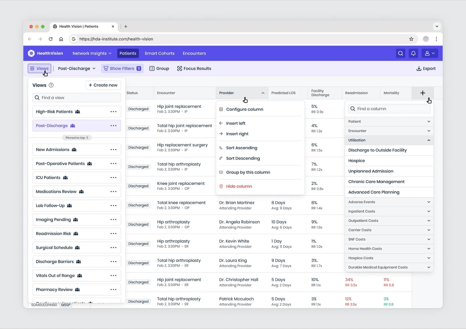 Saved views list such as High-Risk Patients, Post-Discharge, New Admissions and ICU Patients, with column options to configure, insert, sort, group or hide columns and add risk columns