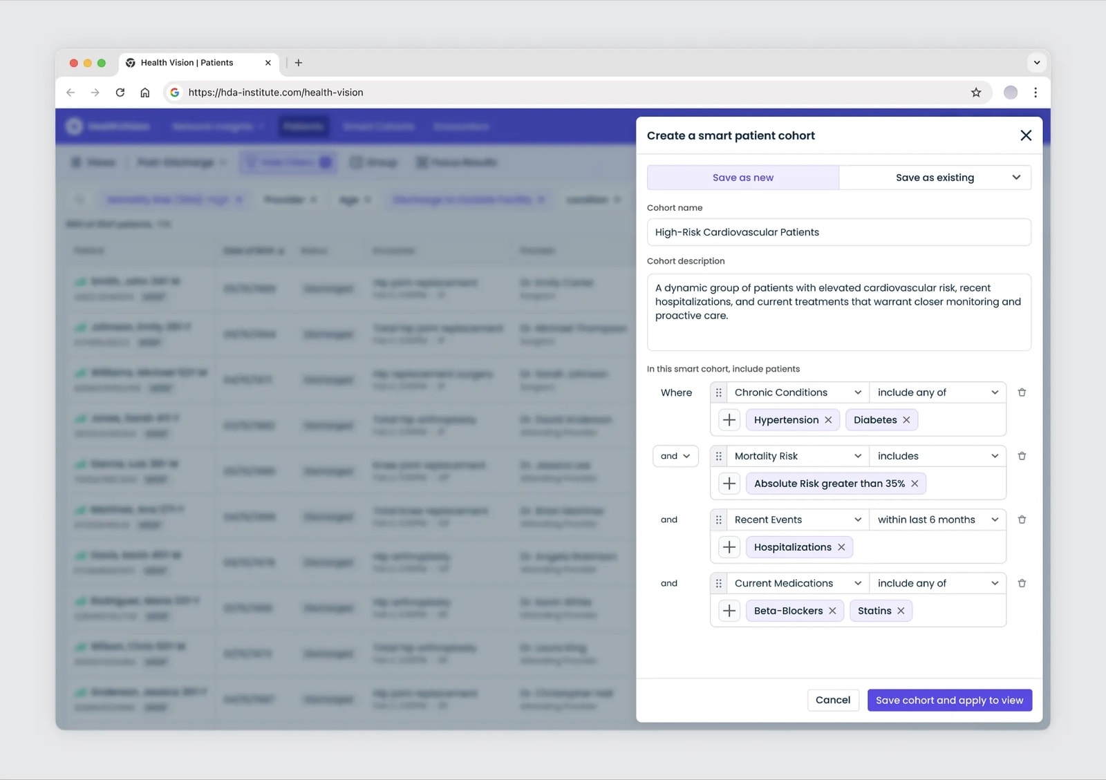 Create a smart patient cohort panel: High-Risk Cardiovascular Patients defined by chronic conditions, mortality risk above 35%, hospitalizations within the last 6 months, and current medications