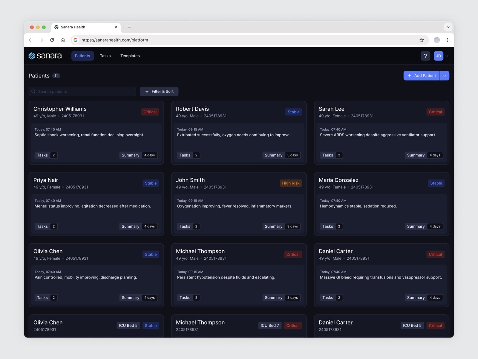 Patients screen with a card for each ICU patient showing status (Critical, High Risk or Stable), the latest update, open tasks and a hospital course summary