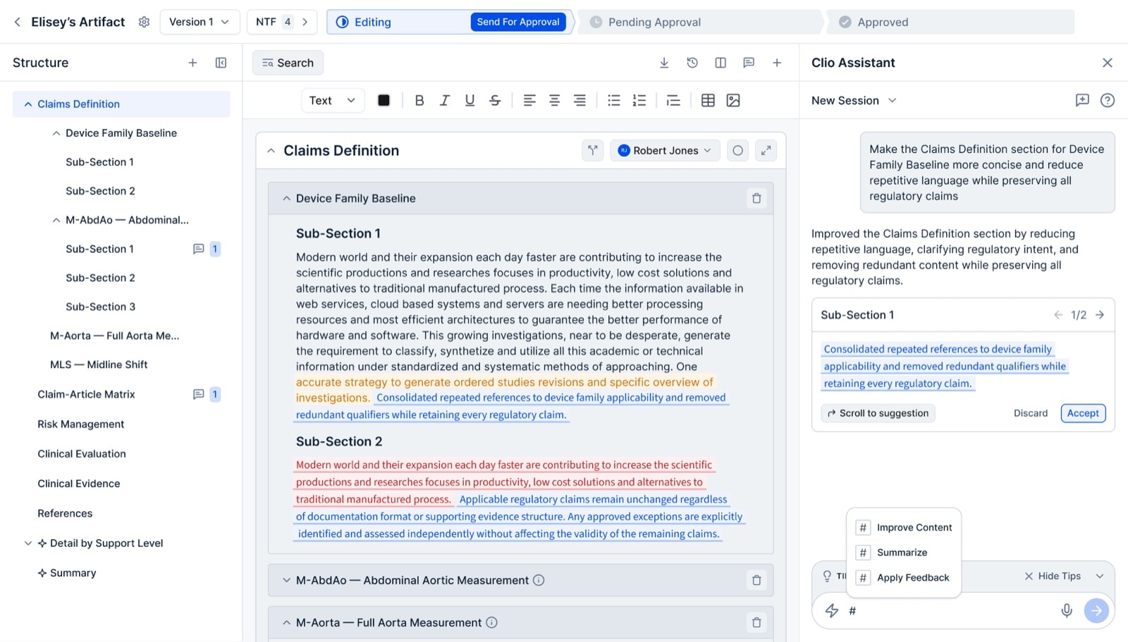 Report editor with the Clio Assistant panel proposing edits that the researcher can accept or discard