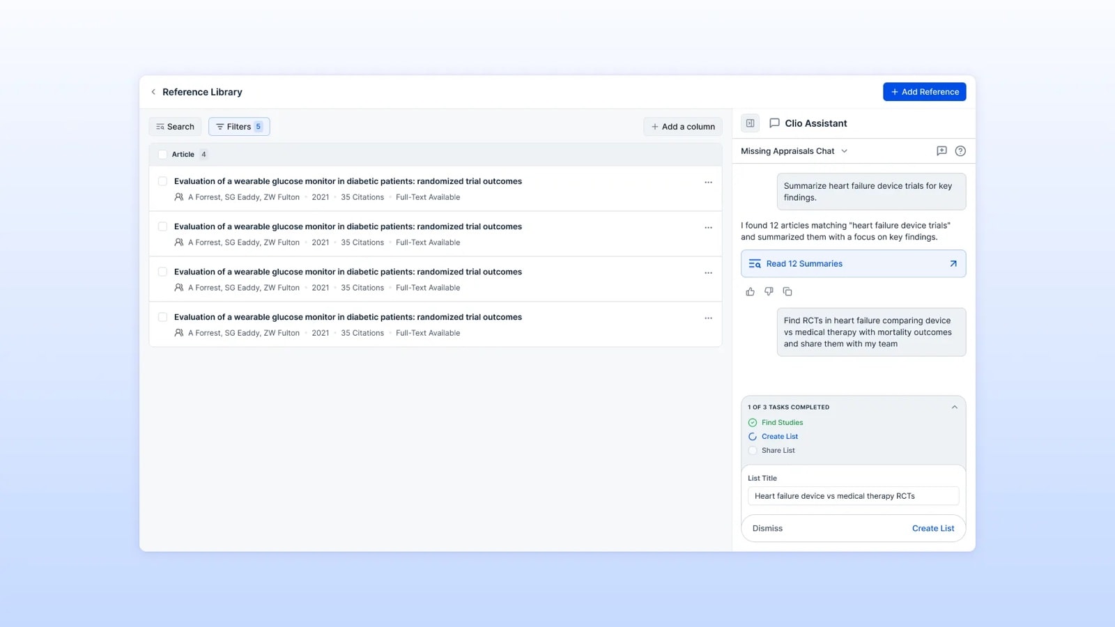 Clio Assistant in the reference library showing a three-step plan: Find Studies, Create List, Share List, with the list title waiting for approval