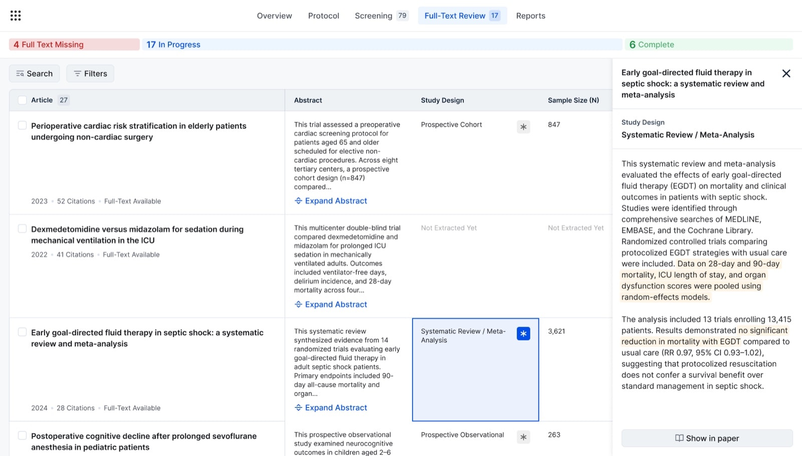 Full-text review table with chosen columns such as study design and sample size, and a side panel highlighting the source passage