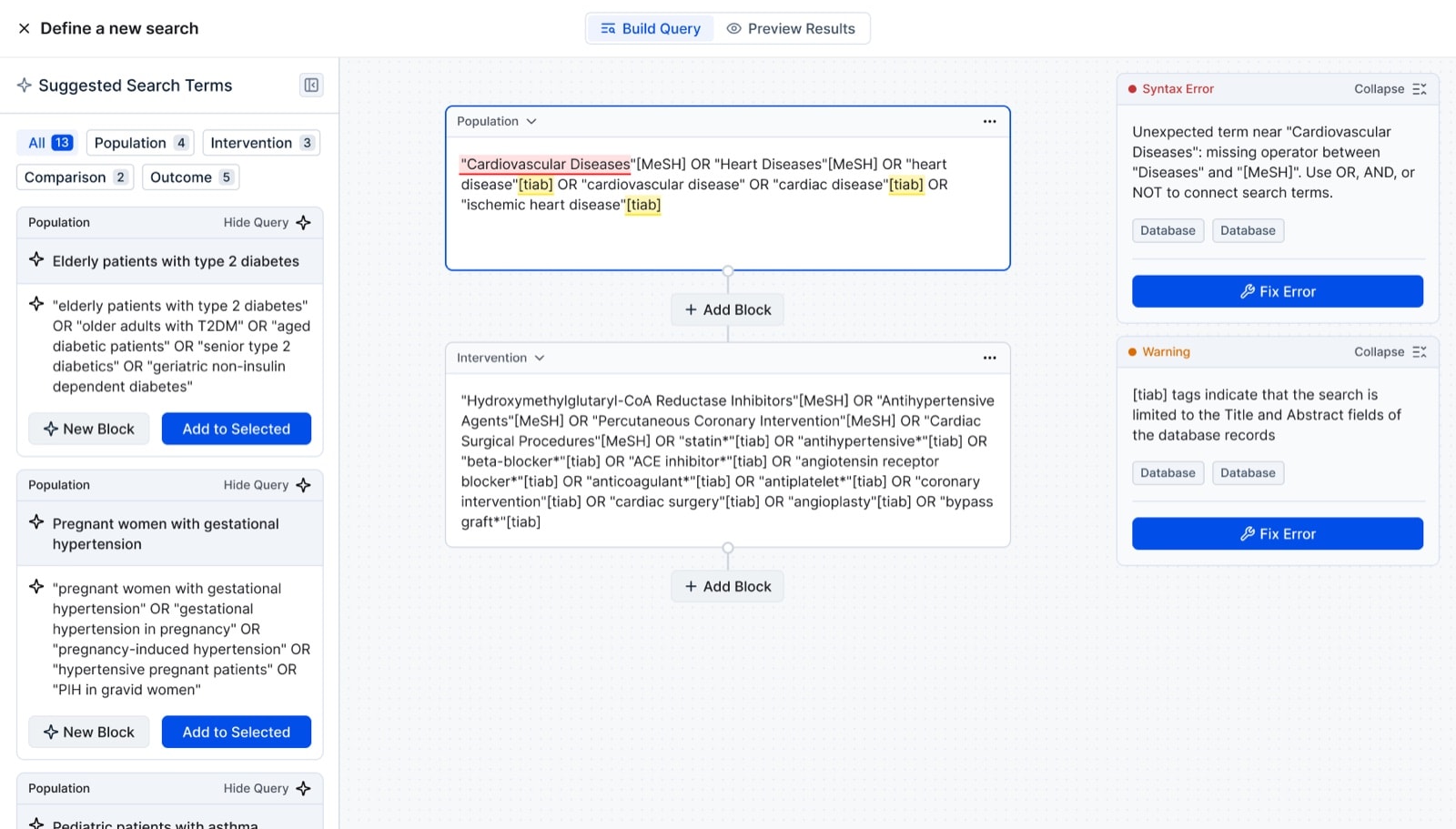 Query builder with PICO blocks, suggested search terms, and syntax errors and warnings with a Fix Error action