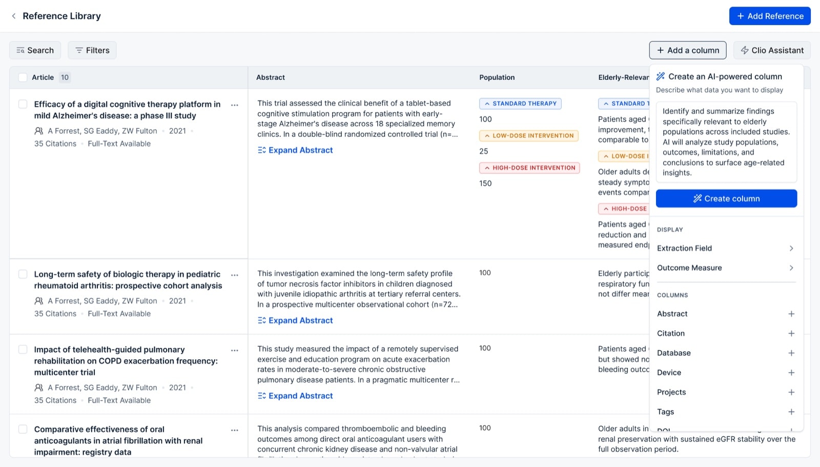 Reference library with a menu for creating an AI-powered column from a plain-language description