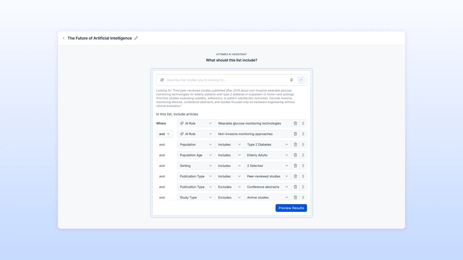 Smart list builder asking what the list should include, with a plain-language description, AI rules and structured rules such as population, setting, publication type and study type