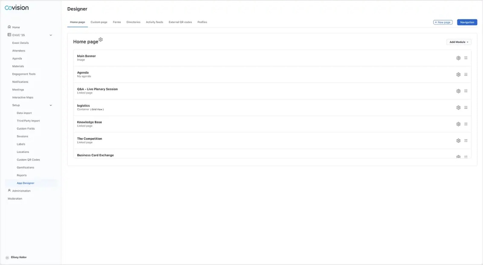 Before: the page designer as a plain list of modules such as Main Banner, Agenda, Q&A, Logistics and Knowledge Base, with no preview