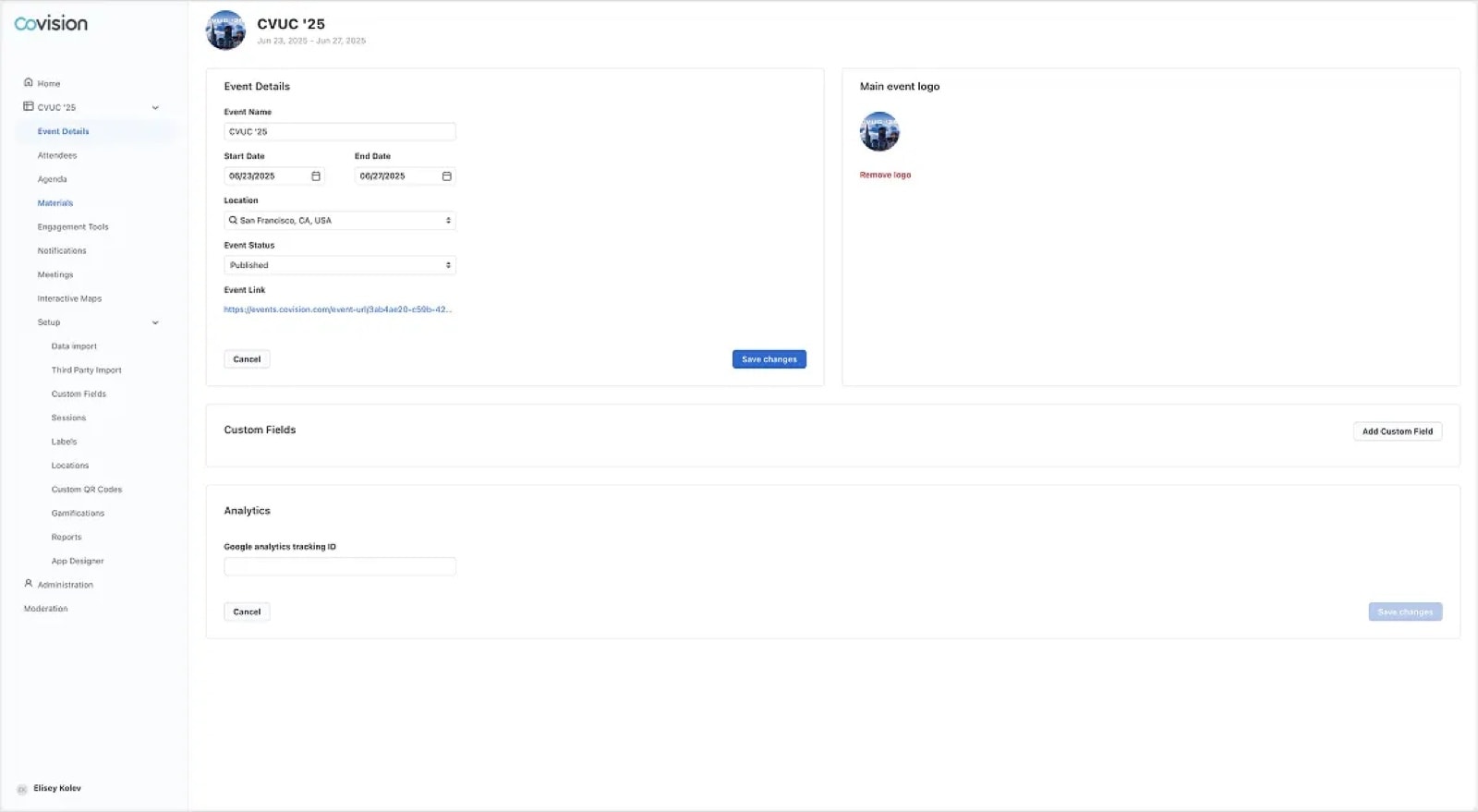 Before: event details page with a long side menu of expanding sections such as Attendees, Agenda, Materials, Engagement Tools, Setup, Data Import, Custom Fields, Sessions and App Designer