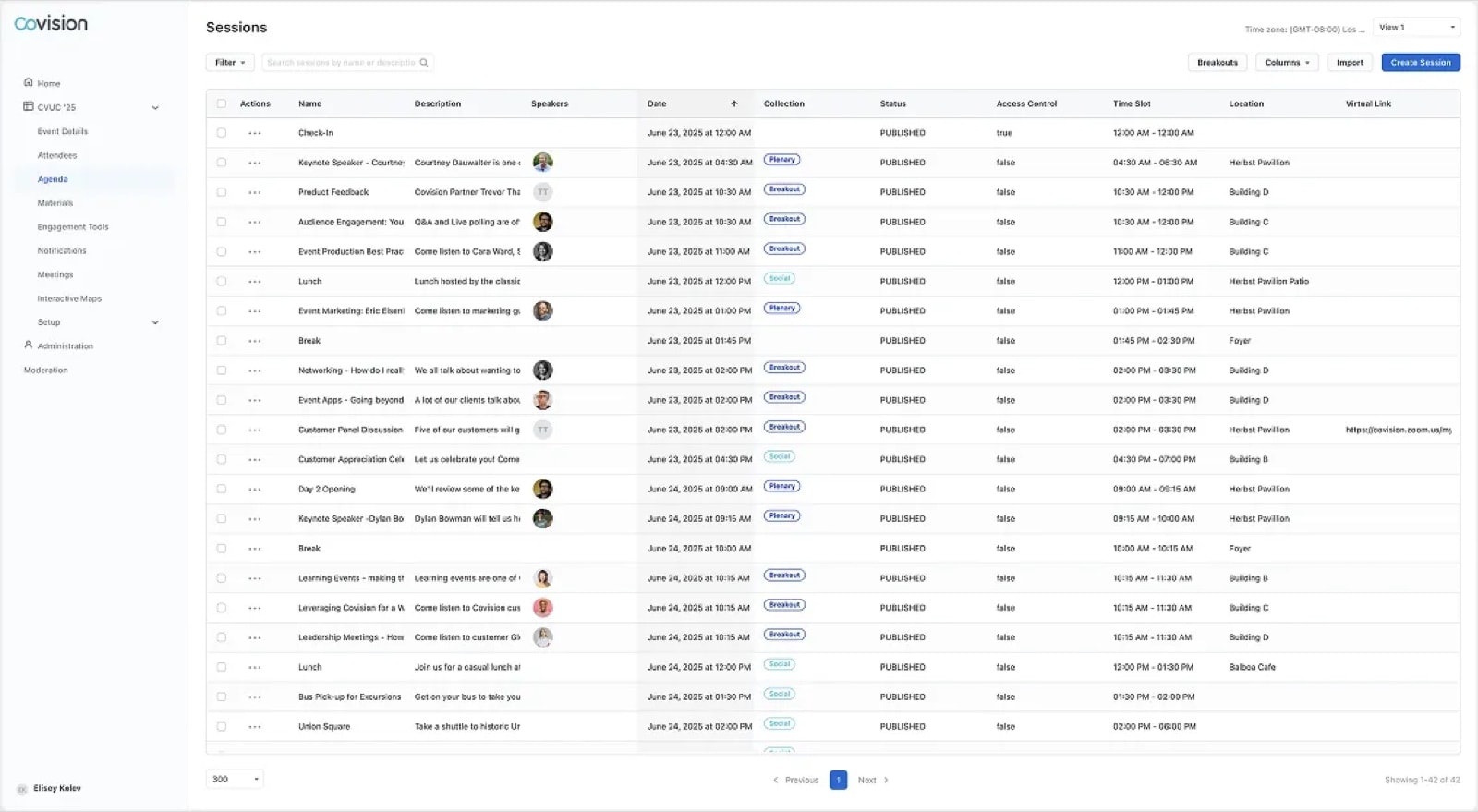 Before: sessions shown in a dense plain table with columns for name, description, speakers, date, collection, status, access control, time slot and location