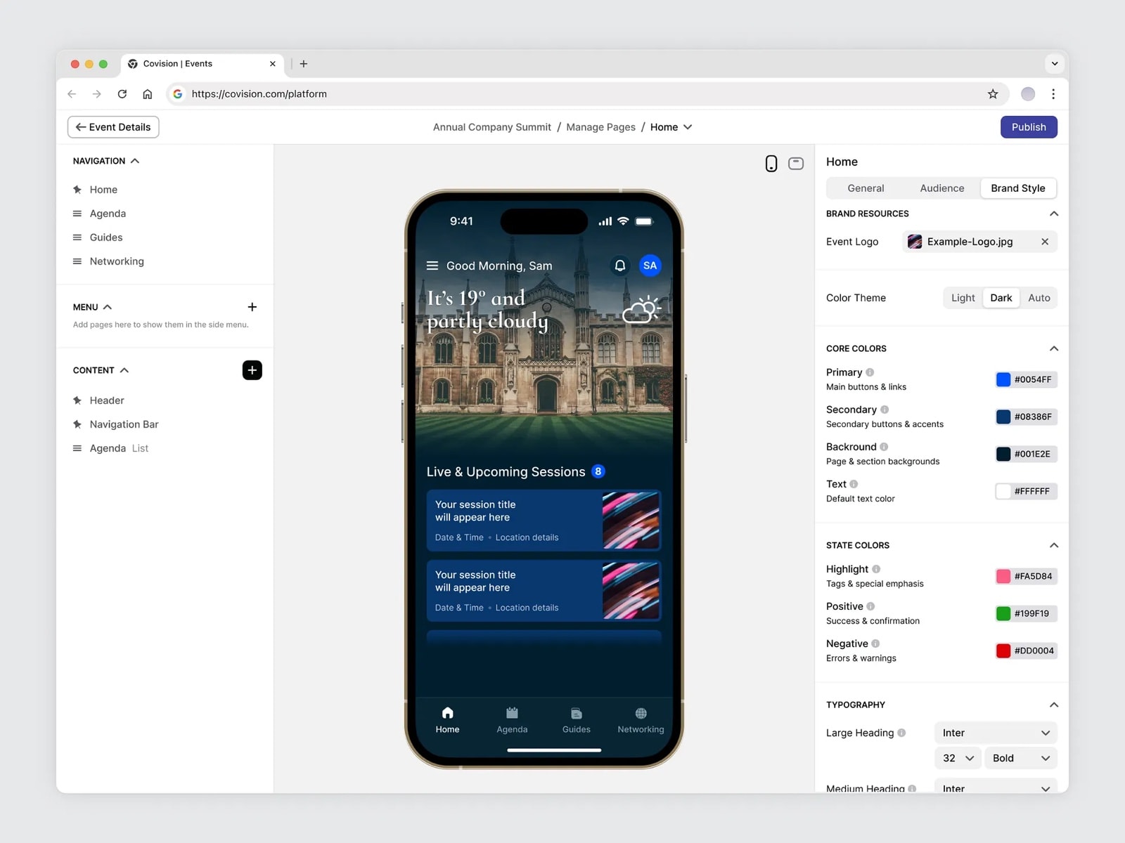 Brand Style settings: event logo, light, dark or auto color theme, core and state colors, and typography, with the mobile preview updating to match