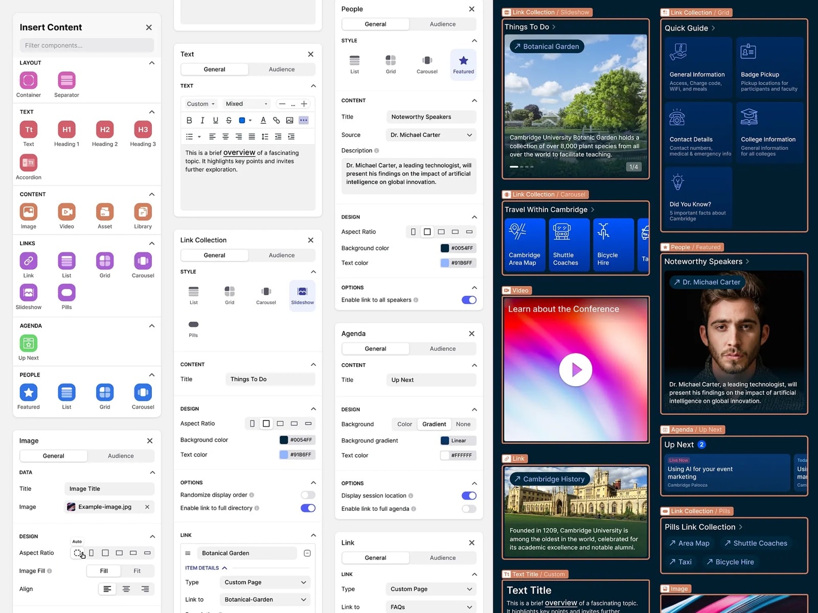 Component settings panels for image, text, link collection, people and agenda, next to the components they produce: slideshows, grids, carousels, featured speakers, video, up next and pills