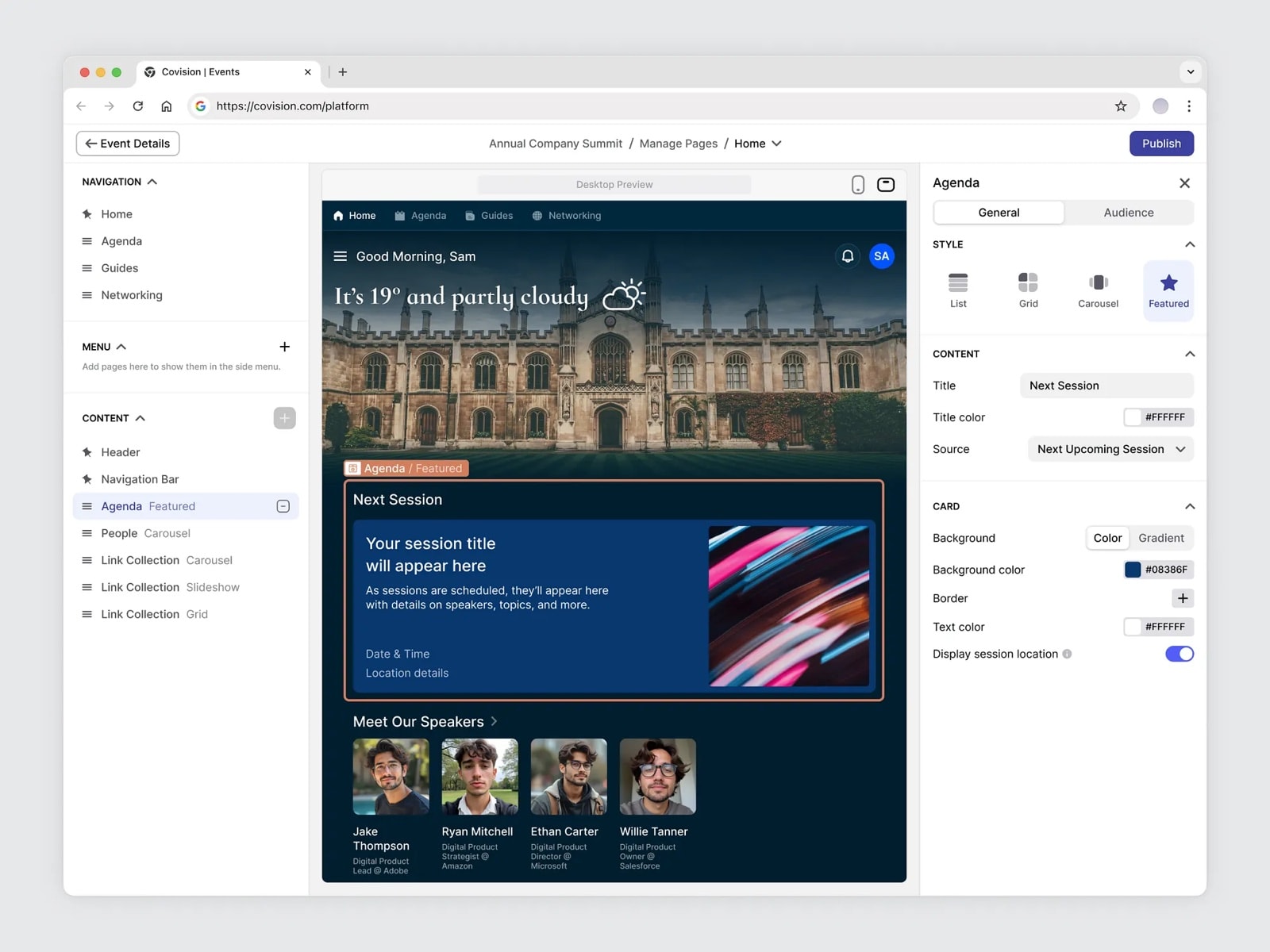 Desktop preview of an event home page with a featured Next Session agenda card and Meet Our Speakers, with the agenda component's style, content and card settings