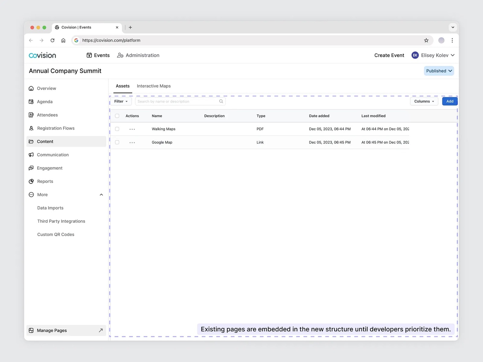 The Content section in the new navigation, with an existing assets page embedded inside it and a note: existing pages are embedded in the new structure until developers prioritize them