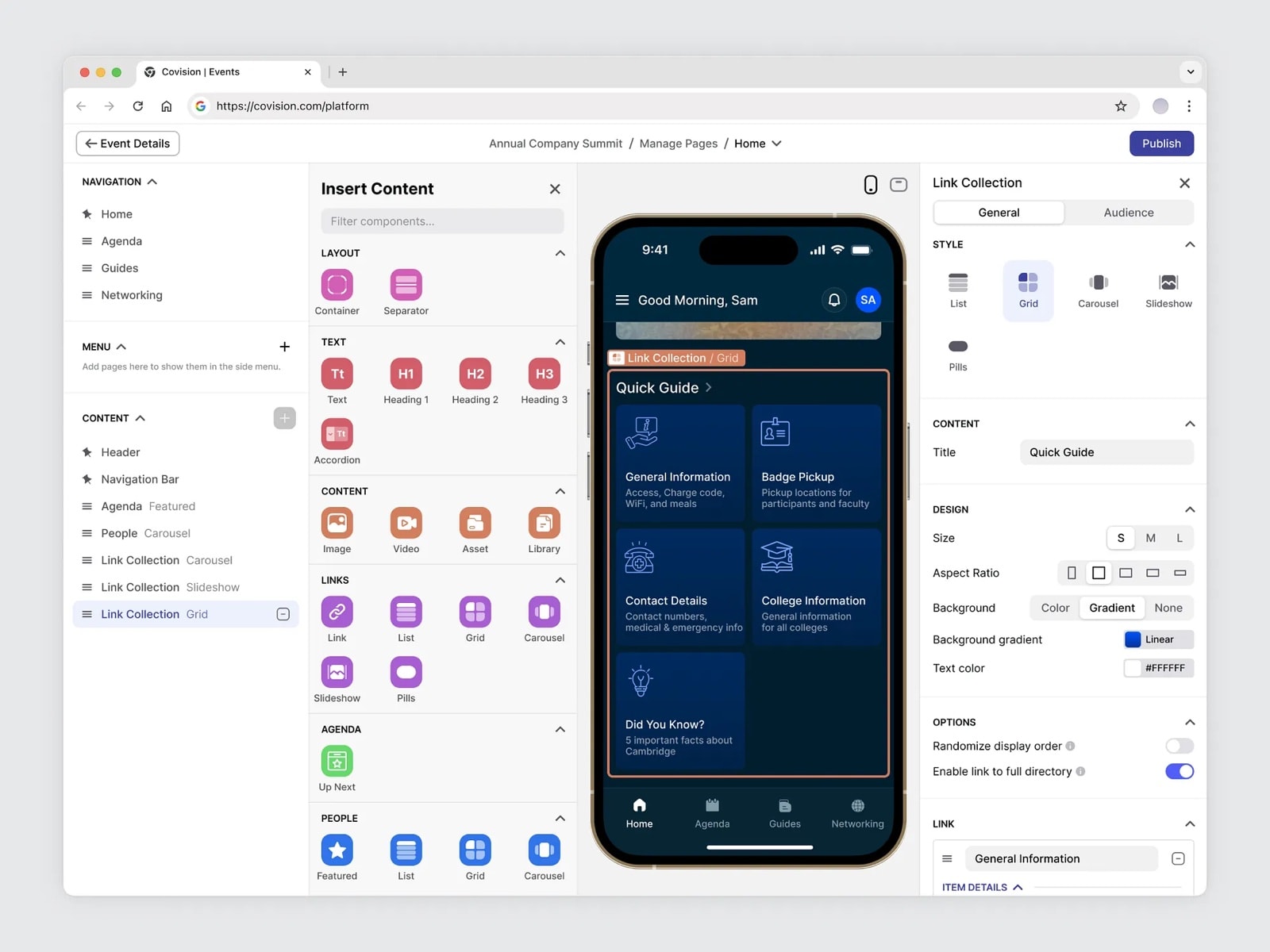 Page builder: page navigation and content list on the left, the Insert Content menu, a live mobile preview of a Quick Guide link collection, and its style, design and options settings on the right