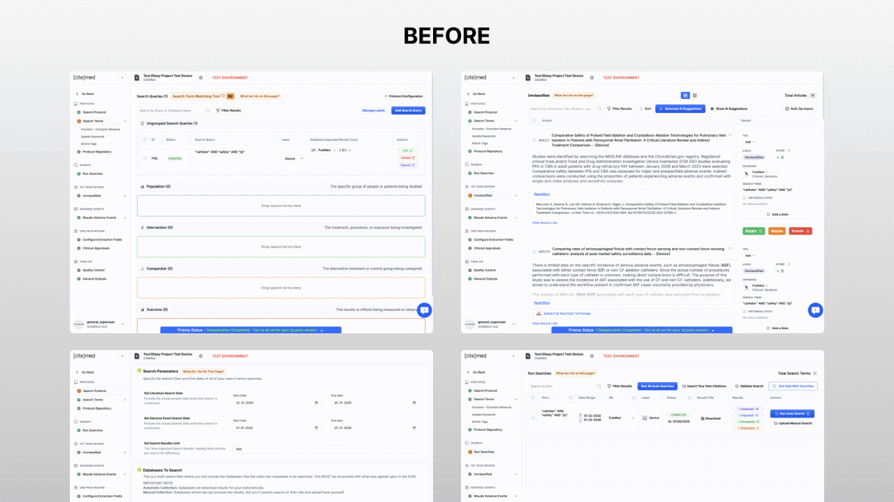 Before and after: the old product with a long sidebar of sections such as Search Protocol, Search Terms, Run Searches, 1st Pass Review, Adverse Events, 2nd Pass Review and Finalize, followed by the redesigned screens